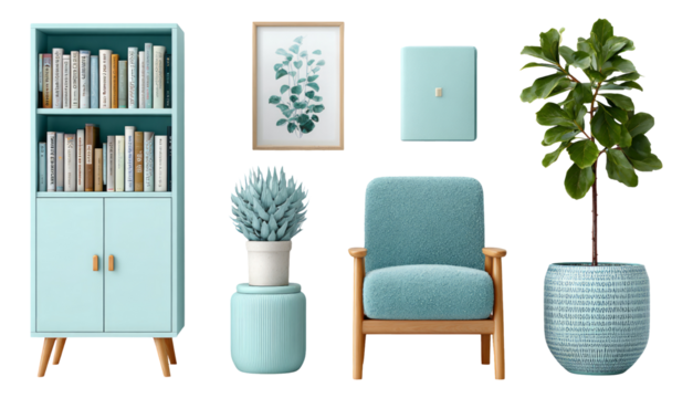 Modern Aqua Living Room Decor Elements with Plant and Stylish Furniture