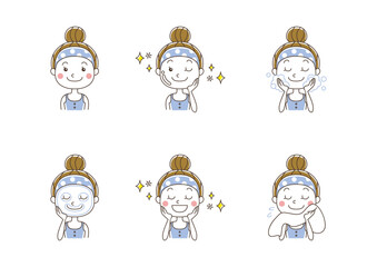 Illustration showing a woman's skincare routine, including washing, applying cream, and drying her face.