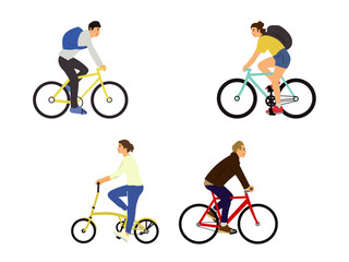 Four diverse individuals riding bicycles, depicted in a clean, illustrative style.