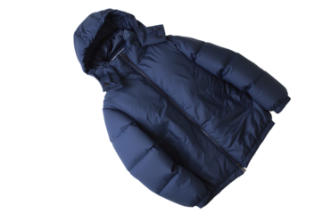 Dark blue padded winter jacket with hood isolated on black background