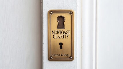 Elegant Brass Keyhole Plate with Mortgage Clarity Sign on a White Door for Real Estate and Financial Concepts