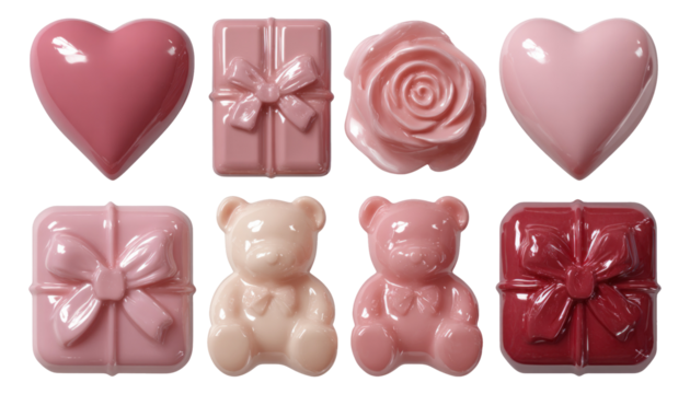 Pink Decorative Elements with Hearts, Gifts, and Flowers on Transparent Background