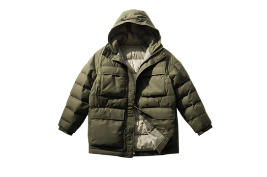 Green camouflage puffer jacket with hood and pockets isolated on black