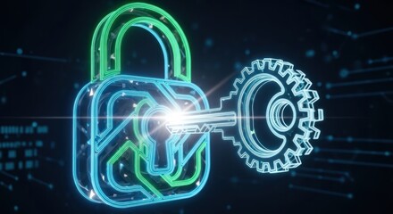 Glowing neon digital padlock with key engaging its tumblers, for cybersecurity secure data access within futuristic circuit board network.