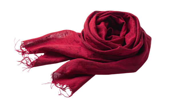 A textured, dark red scarf is draped and curled with fringed edges against a stark black background