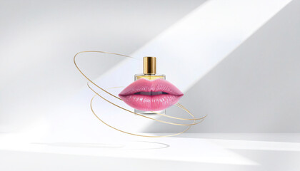 香水ボトルとピンクの唇が浮かぶ美と香りのアート構図 generative ai