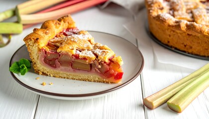 Slice of fruity pastry on plate, ingredients and whole pie in view