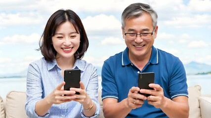 Happy young couple smiling and taking a photo of themselves with a smartphone