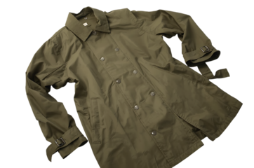 Khaki green canvas trench coat with belt and buttons on black background