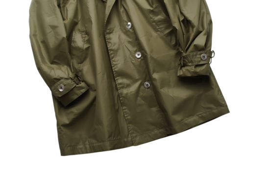 Close up of a vintage olive green trench coat with buttons against a black background