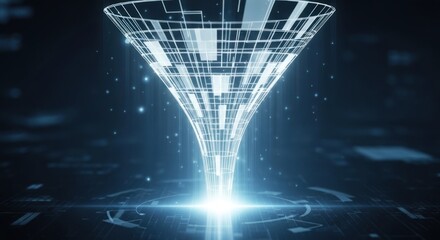 Glowing wireframe funnel structure in digital abstract space with illuminated particles futuristic circuit board elements, for data processing technology.