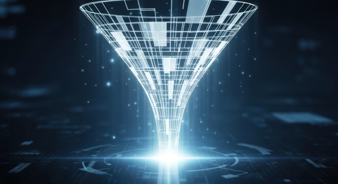 Glowing wireframe funnel structure in digital abstract space with illuminated particles futuristic circuit board elements, for data processing technology.