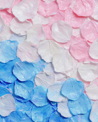 Soft pastel petals in pink, white, and blue create gentle, dreamy gradient reminiscent of spring. delicate texture and soothing colors evoke sense of calm and beauty