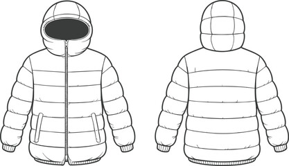 Puffer jacket flat sketch, technical drawing, quilted outerwear, hooded coat, zipper closure, winter fashion design, CAD illustration