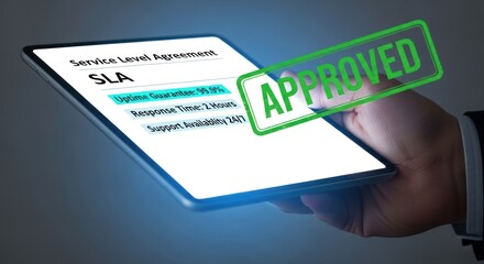 Hand holds tablet with service level agreement with approved stamp, showcasing 99.9% uptime guarantee 24/7 support for business operations.