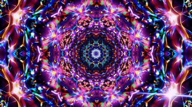 Immersive 4K cosmic animation featuring kaleidoscope swirling patterns celestial colors merging astrology space visuals hypnotic journey through infinite cosmic wonder