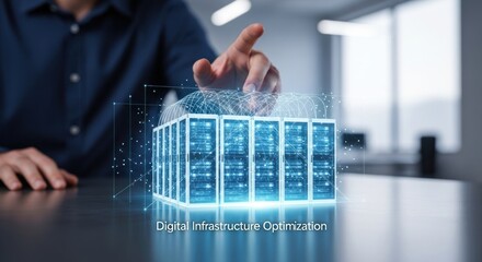 Hand hovers over glowing digital server rack, for optimization digital infrastructure data management for advanced technology solutions network connectivity.
