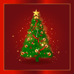 Christmas card with decorated tree and red ribbon
