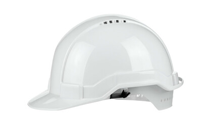 Fototapeta premium White safety helmet, slightly angled view, featuring vents, brim, and adjustable chinstrap