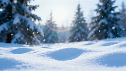 Fototapeta premium Snow-covered forest landscape with falling snowflakes and evergreen trees in winter