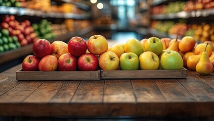 Fresh apples and pears neatly arranged in wooden trays on a rustic wooden table in a well-lit grocery store aisle