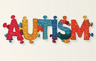 Colorful jigsaw puzzle pieces joined together to form the word representing a developmental condition