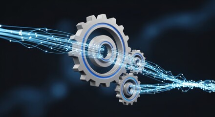 Interconnected digital data streams flow through series modern grey blue gears, for technological advancement efficient data processing in dark, abstract background.