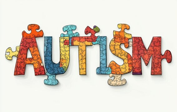 Colorful jigsaw puzzle pieces forming the word autism with a mix of red, orange, yellow, blue, and green segments representing connection and complexity - Powered by Adobe