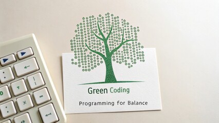 Modern green coding concept with abstract tree design and computer keyboard on light background for eco-friendly programming themes