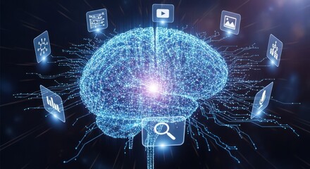 Luminous digital brain composed glowing blue interconnected nodes circuits, surrounded various informational icons for data, media, search functions, for artificial intelligence