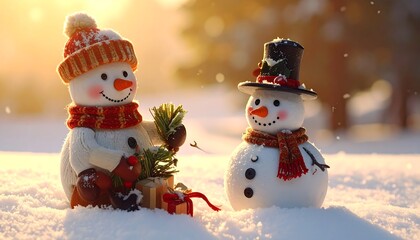 Two cheerful snowmen in winter, wearing hats and scarves