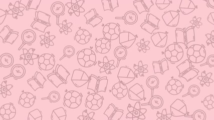 Scattered book atom compass soccer ball drawings on a pink background. Ideal for educational, sports, or creative design projects. - Powered by Adobe