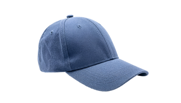 A blue baseball cap, angled slightly, isolated on a black background