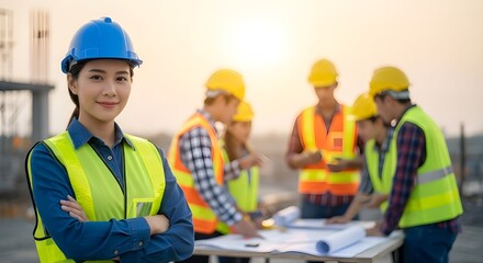 An Asian female engineer stands confidently at a construction site, wearing a helmet and safety vest, symbolizing leadership, professionalism, and engineering success.