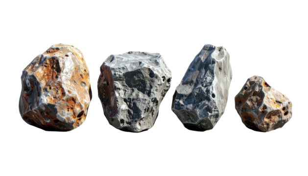 Four assorted rocks of varying color and texture isolated on black background for easy use in various design projects