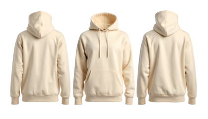Front, side, and back views of a beige hooded sweatshirt against a black background