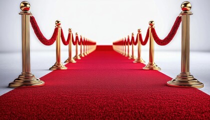 Long red carpet bordered by gold stanchions with red velvet ropes creating a luxurious elegant pathway in a bright minimalist setting