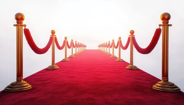 Red carpet with golden stanchions and red velvet ropes extending towards a bright, foggy horizon, symbolizing prestige and celebration - Powered by Adobe