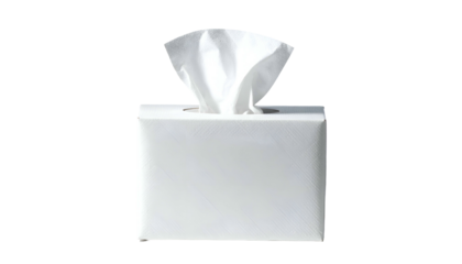 A rectangular white box of tissues with a pulled tissue emerging against a black background
