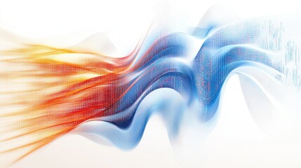 Dynamic flowing waves of red, orange, and blue digital data streams blending in an abstract futuristic background
