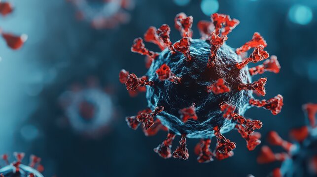 Detailed microscopic view of a coronavirus cell structure with red spikes on a blue background