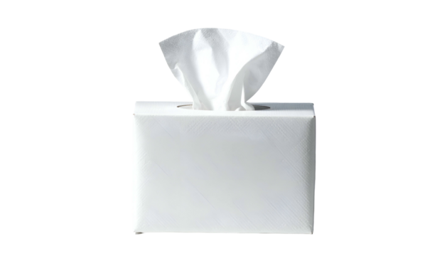 A rectangular white box of tissues with a pulled tissue emerging against a black background
