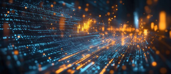 Futuristic digital data display with glowing blue and orange light trails creating a high-tech abstract visualization of information flow and network connections