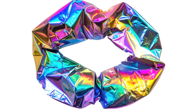 Reflective, iridescent lips made of crinkled foil, isolated on black, displaying vibrant rainbow hues