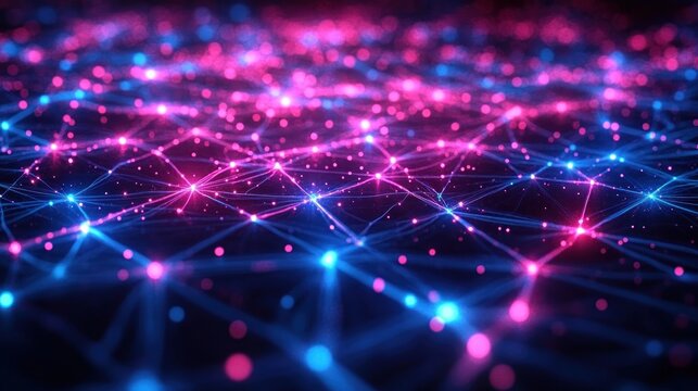 Glowing interconnected network of blue and pink light points creating a futuristic digital web with a depth of field effect