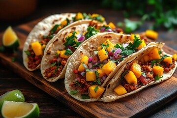 Four soft shell tacos filled with minced meat, diced mango, chopped red onions, and fresh cilantro served on a wooden board with lime wedges nearby