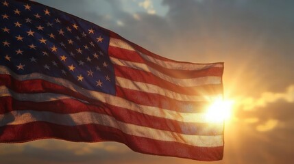 United States flag waving in the wind against a dramatic sunset sky with sun rays shining through clouds creating a warm, patriotic atmosphere
