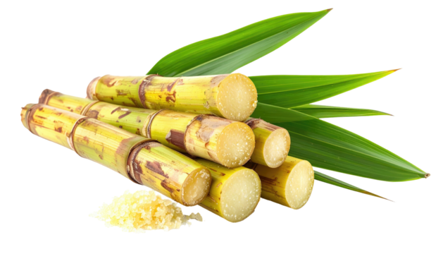 Cut sugarcane stalks bundled with vibrant green leaves, beside a small pile of shredded cane