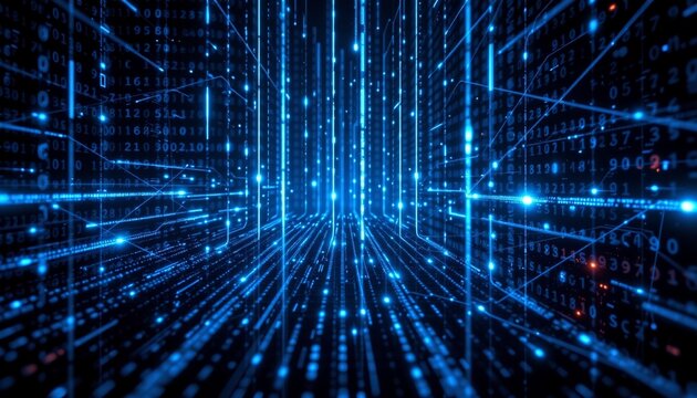 Digital background with binary code on blue and dark black background, cyberpunk, electronic space, virtual space. A data stream or matrix design with luminous effects - Powered by Adobe