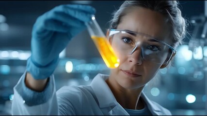 Scientist in Laboratory Holding Test Tube with Bright Liquid Sample - Powered by Adobe